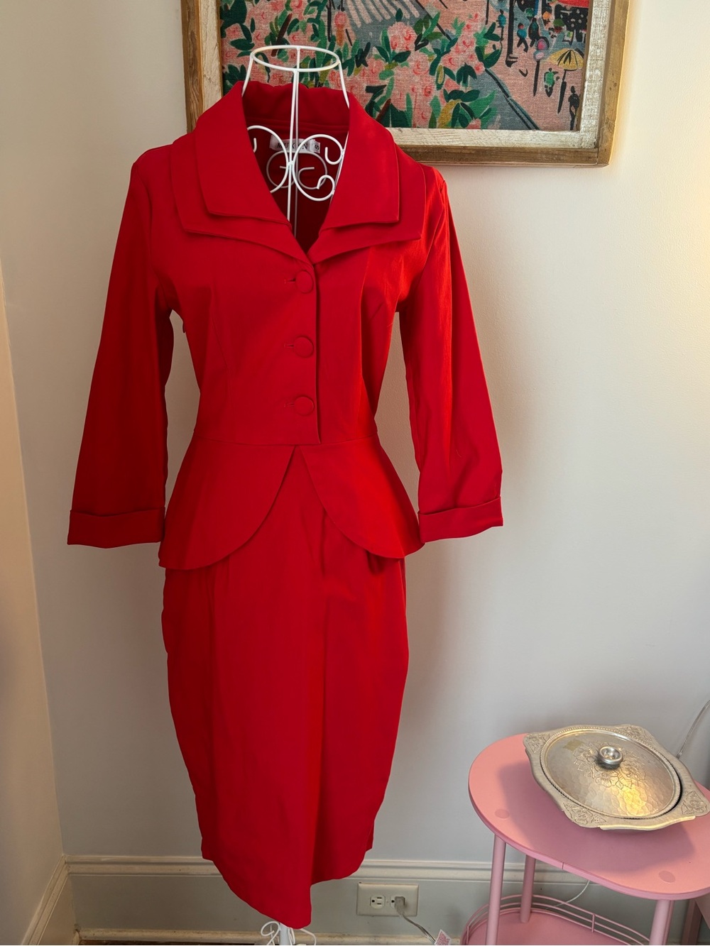 Classic Red Vintage Button front, Peplum Midi Dress